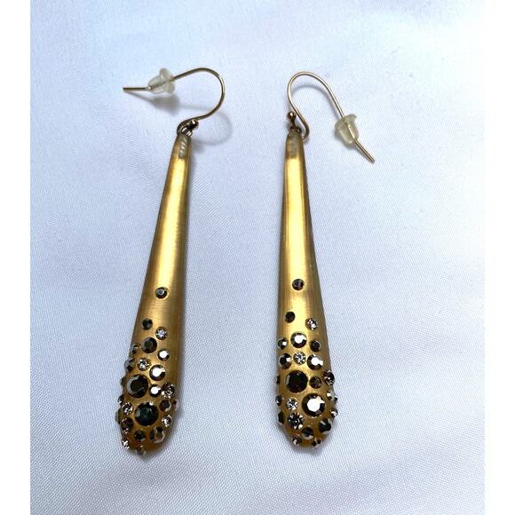Alexis Bittar Gold Lucite Rhinestone Metallic Dust Drop Earrings - Picture 2 of 3
